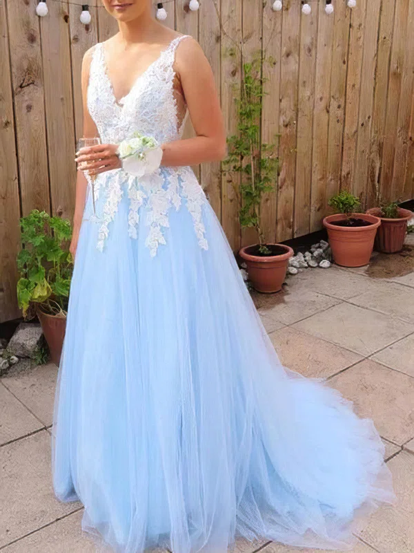 A-line V-neck Lace Tulle Sweep Train Appliques Lace Prom Dresses #Favs020107955
