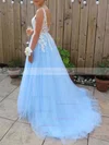 A-line V-neck Lace Tulle Sweep Train Appliques Lace Prom Dresses #Favs020107955