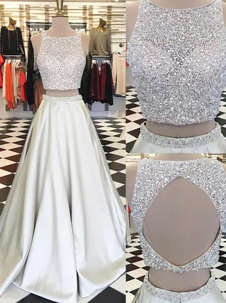 A-line Scoop Neck Satin Floor-length Beading Prom Dresses #Favs020104590 A-line Scoop Neck Satin Floor-length Beading Prom Dresses #Favs020104590