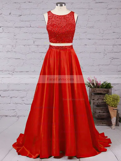 A-line Scoop Neck Satin Floor-length Beading Prom Dresses #Favs020104590