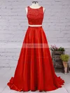 A-line Scoop Neck Satin Floor-length Beading Prom Dresses #Favs020104590