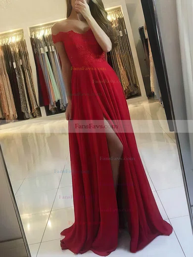 A-line Off-the-shoulder Lace Chiffon Sweep Train Beading Prom Dresses #Favs020107956