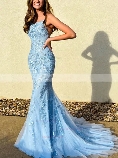 Trumpet/Mermaid Square Neckline Tulle Sweep Train Beading Prom Dresses #Favs020107957