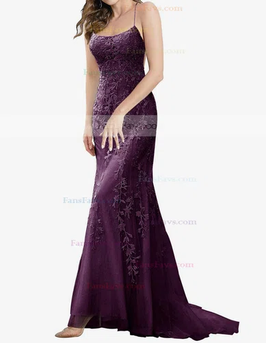 Trumpet/Mermaid Square Neckline Tulle Sweep Train Beading Prom Dresses #Favs020107957