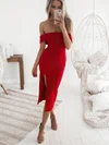Sheath/Column Off-the-shoulder Stretch Crepe Tea-length Split Front Prom Dresses #Favs020106609