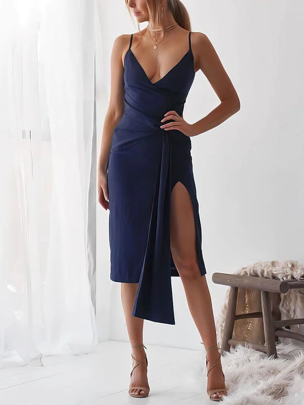 Sheath/Column V-neck Silk-like Satin Knee-length Split Front Prom Dresses #Favs020106621