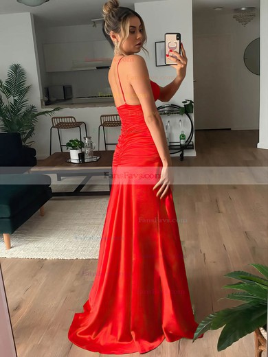 Sheath/Column Square Neckline Satin Sweep Train Ruffles Prom Dresses #Favs020106622