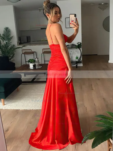 Sheath/Column Square Neckline Satin Sweep Train Ruffles Prom Dresses #Favs020106622