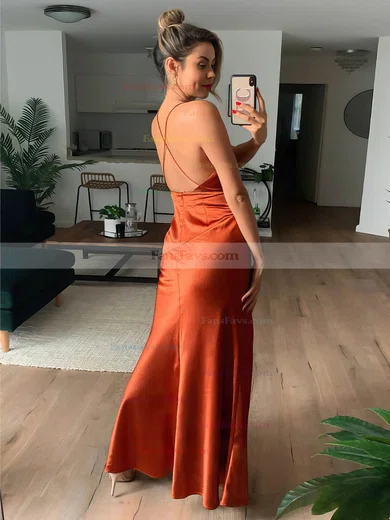 Sheath/Column V-neck Satin Floor-length Split Front Prom Dresses #Favs020106623