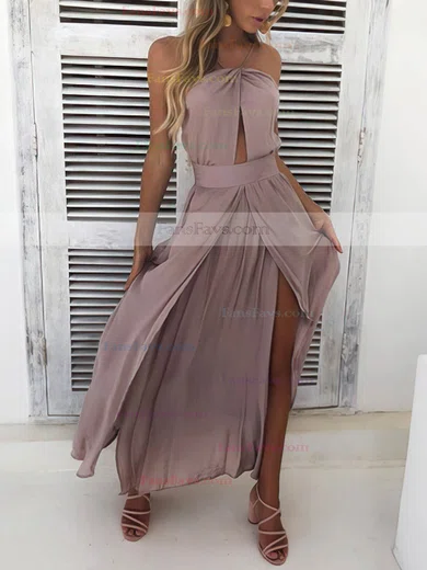 A-line V-neck Chiffon Ankle-length Split Front Prom Dresses #Favs020106560