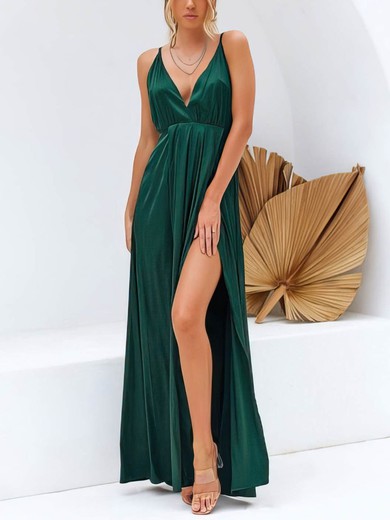 A-line V-neck Silk-like Satin Floor-length Lace Prom Dresses #Favs020106562