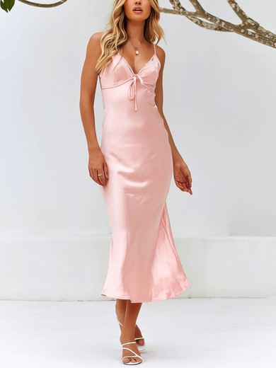 Sheath/Column V-neck Silk-like Satin Tea-length Appliques Lace Prom Dresses #Favs020106569
