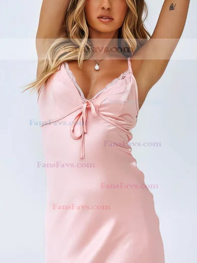 Sheath/Column V-neck Silk-like Satin Tea-length Appliques Lace Prom Dresses #Favs020106569