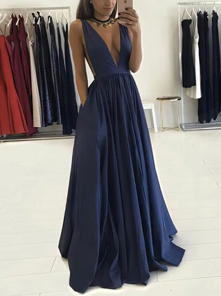 A-line V-neck Satin Floor-length Ruffles Prom Dresses #Favs020104605 A-line V-neck Satin Floor-length Ruffles Prom Dresses #Favs020104605