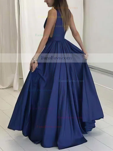 A-line V-neck Satin Floor-length Ruffles Prom Dresses #Favs020104605