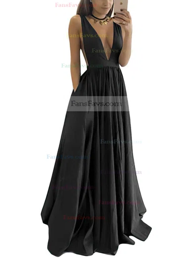 A-line V-neck Satin Floor-length Ruffles Prom Dresses #Favs020104605