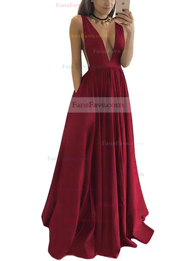 A-line V-neck Satin Floor-length Ruffles Prom Dresses #Favs020104605
