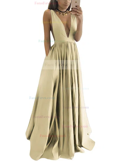 A-line V-neck Satin Floor-length Ruffles Prom Dresses #Favs020104605