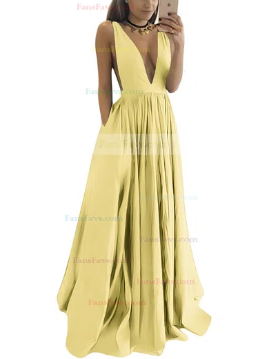 A-line V-neck Satin Floor-length Ruffles Prom Dresses #Favs020104605