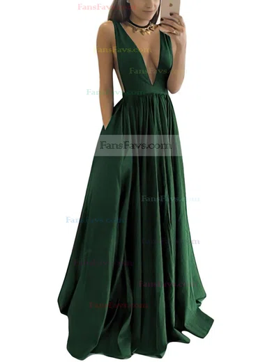 A-line V-neck Satin Floor-length Ruffles Prom Dresses #Favs020104605
