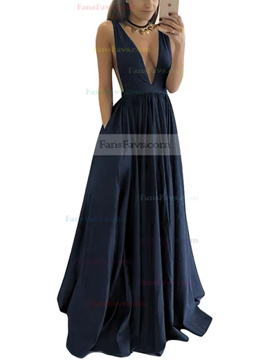 A-line V-neck Satin Floor-length Ruffles Prom Dresses #Favs020104605
