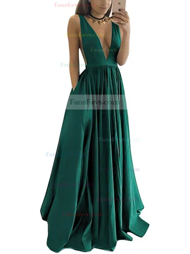 A-line V-neck Satin Floor-length Ruffles Prom Dresses #Favs020104605