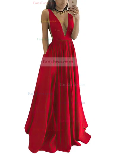 A-line V-neck Satin Floor-length Ruffles Prom Dresses #Favs020104605