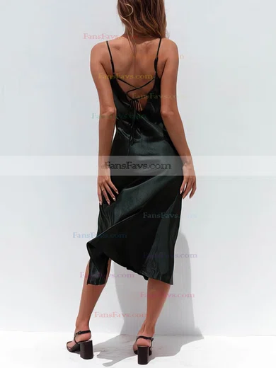 Sheath/Column V-neck Silk-like Satin Tea-length Split Front Prom Dresses #Favs020106572