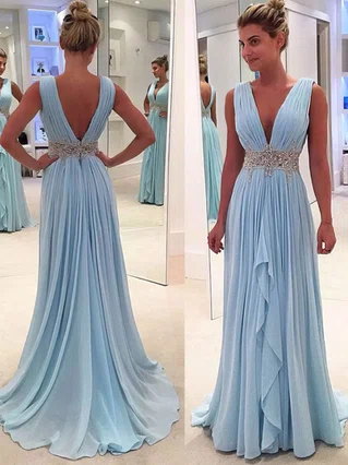 A-line V-neck Chiffon Sweep Train Beading Prom Dresses #Favs020104606