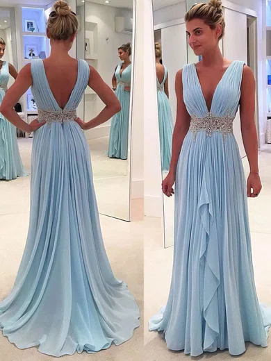 A-line V-neck Chiffon Sweep Train Beading Prom Dresses #Favs020104606