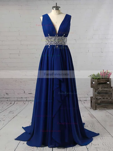 A-line V-neck Chiffon Sweep Train Beading Prom Dresses #Favs020104606
