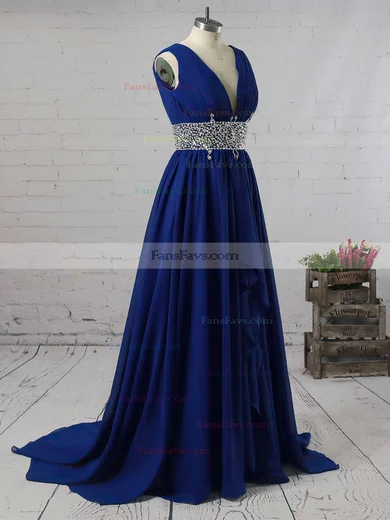 A-line V-neck Chiffon Sweep Train Beading Prom Dresses #Favs020104606