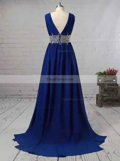 A-line V-neck Chiffon Sweep Train Beading Prom Dresses #Favs020104606