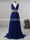 A-line V-neck Chiffon Sweep Train Beading Prom Dresses #Favs020104606