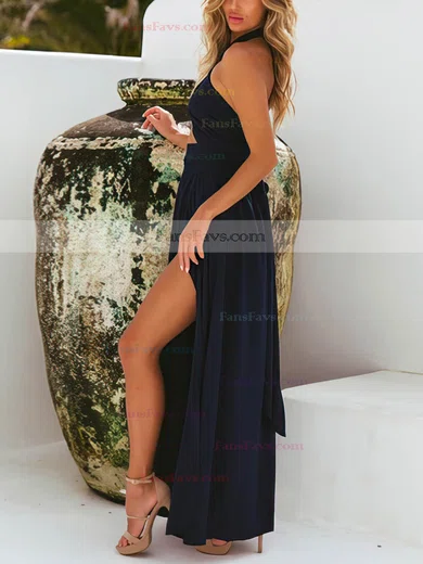 A-line Halter Silk-like Satin Ankle-length Split Front Prom Dresses #Favs020106582