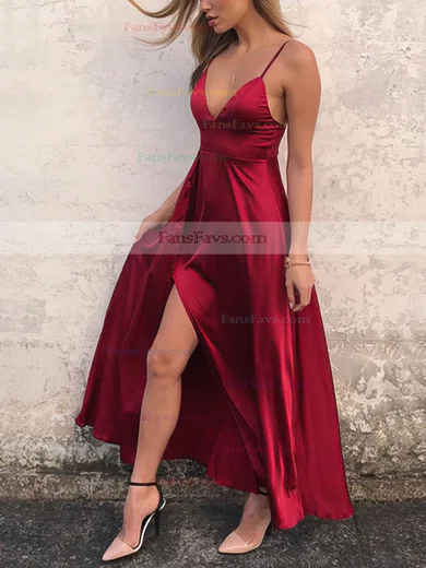 A-line V-neck Silk-like Satin Ankle-length Split Front Prom Dresses #Favs020106588