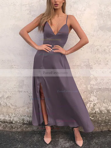 A-line V-neck Silk-like Satin Ankle-length Split Front Prom Dresses #Favs020106588