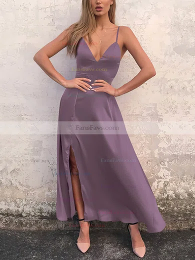 A-line V-neck Silk-like Satin Ankle-length Split Front Prom Dresses #Favs020106588