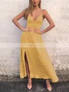 A-line V-neck Silk-like Satin Ankle-length Split Front Prom Dresses #Favs020106588