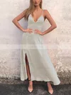 A-line V-neck Silk-like Satin Ankle-length Split Front Prom Dresses #Favs020106588