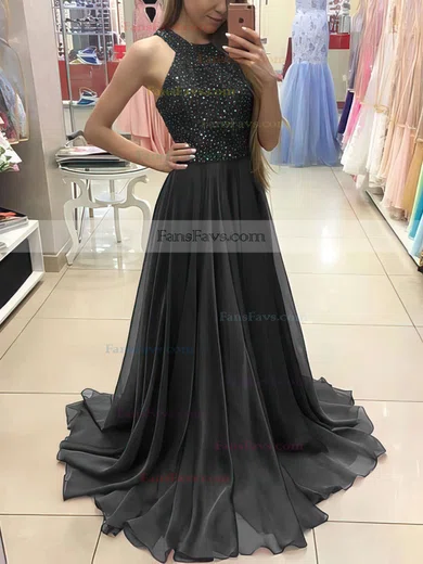 A-line Scoop Neck Chiffon Floor-length Beading Prom Dresses #Favs020104608