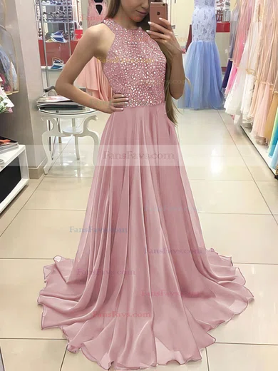 A-line Scoop Neck Chiffon Floor-length Beading Prom Dresses #Favs020104608