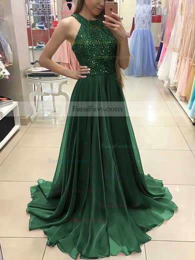 A-line Scoop Neck Chiffon Floor-length Beading Prom Dresses #Favs020104608