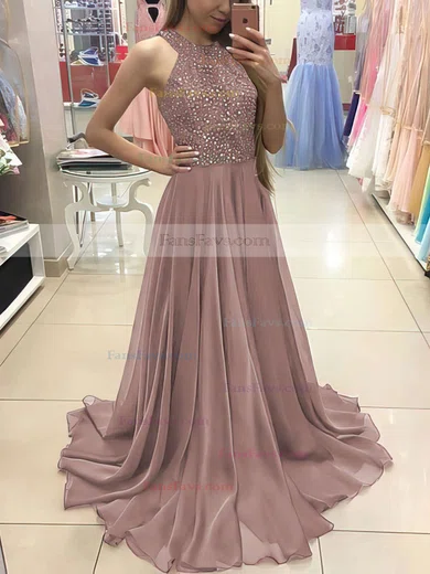 A-line Scoop Neck Chiffon Floor-length Beading Prom Dresses #Favs020104608