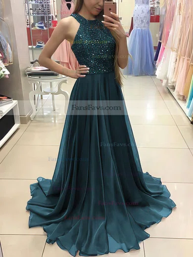 A-line Scoop Neck Chiffon Floor-length Beading Prom Dresses #Favs020104608