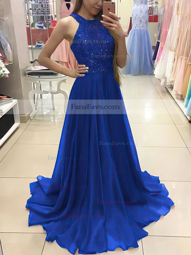 A-line Scoop Neck Chiffon Floor-length Beading Prom Dresses #Favs020104608