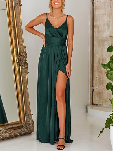 A-line V-neck Silk-like Satin Floor-length Split Front Prom Dresses #Favs020106591