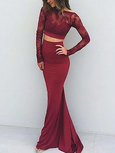 Trumpet/Mermaid Scoop Neck Lace Jersey Sweep Train Buttons Prom Dresses #Favs020103323