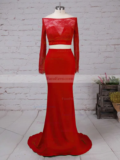 Trumpet/Mermaid Scoop Neck Lace Jersey Sweep Train Buttons Prom Dresses #Favs020103323