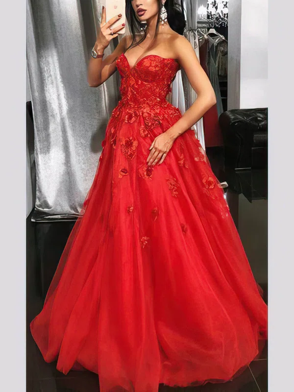 A-line Sweetheart Tulle Sweep Train Appliques Lace Prom Dresses #Favs020107591